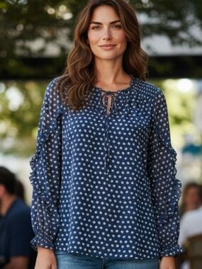 Talbots Navy Floral Tie-Front Ruffle Sleeve Blouse